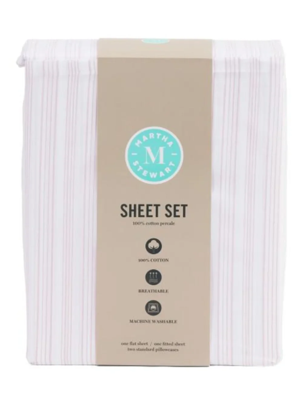 MARTHA STEWART Cotton Percale Striped Sheet Set